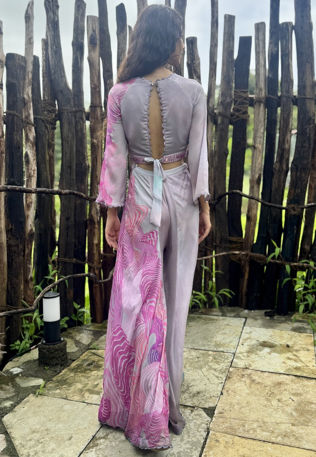Pink And Lilac Chinon Blouse Pant Set Basil Leaf - Fabilicious Fashion