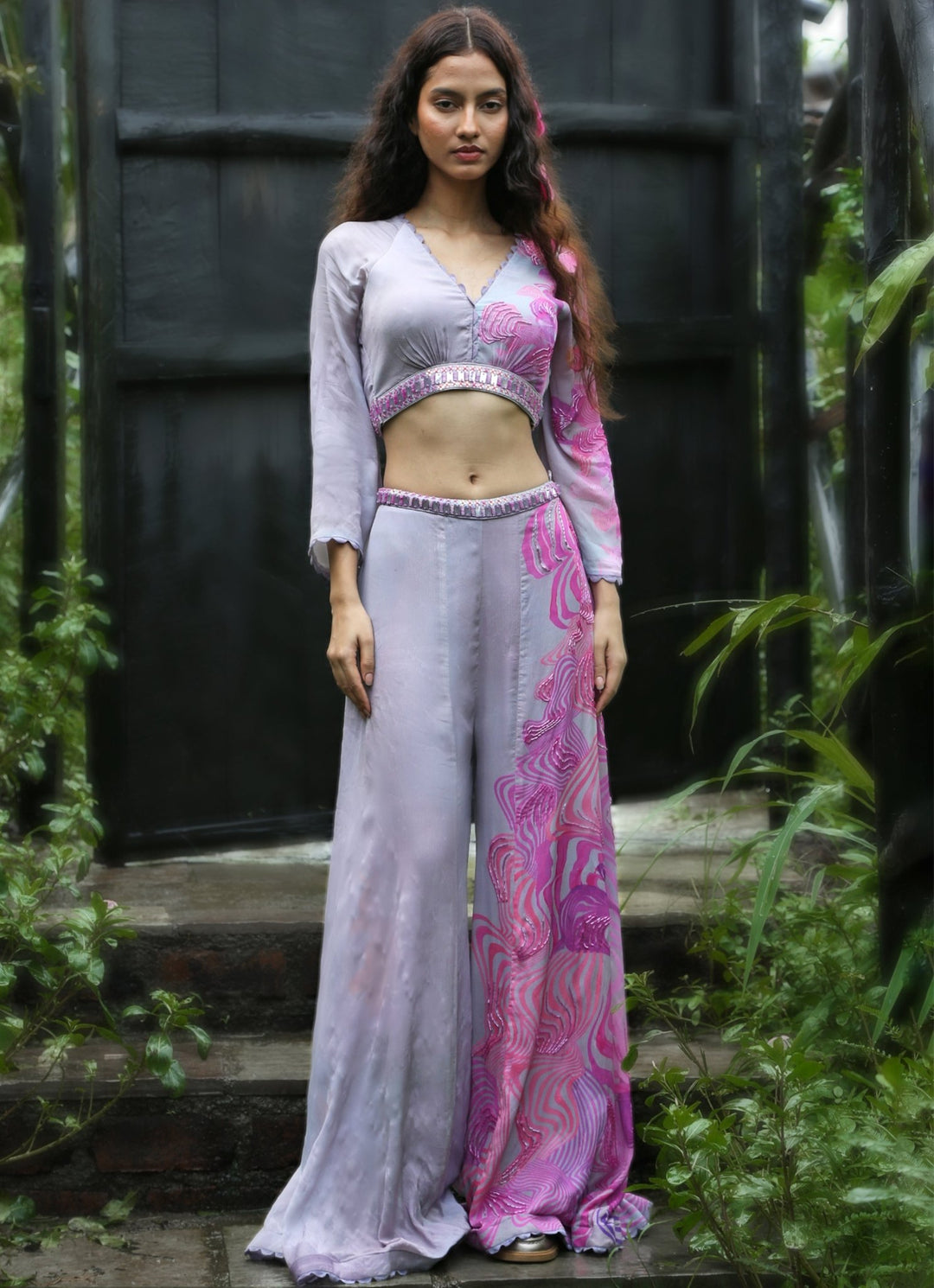 Pink And Lilac Chinon Blouse Pant Set Basil Leaf - Fabilicious Fashion