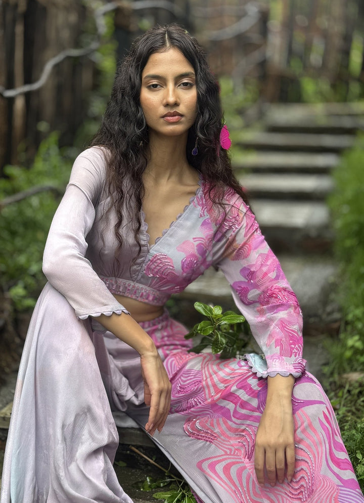 Pink And Lilac Chinon Blouse Pant Set Basil Leaf - Fabilicious Fashion