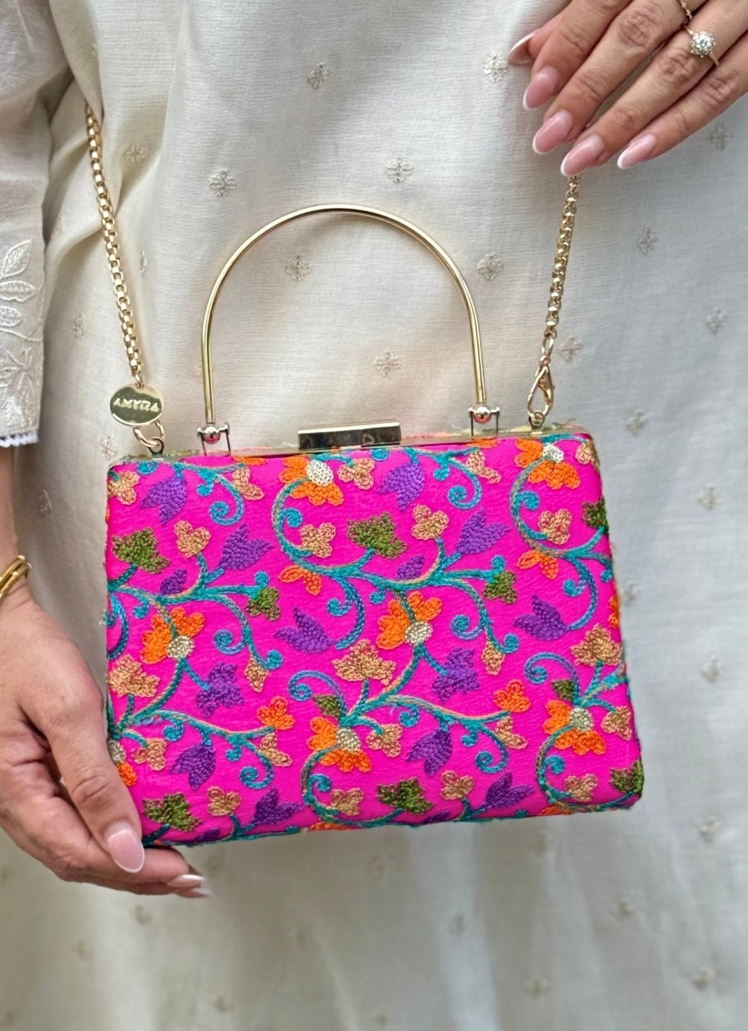 Pink And Multicolour Embroidered Silk Clutch Amyra - Fabilicious Fashion