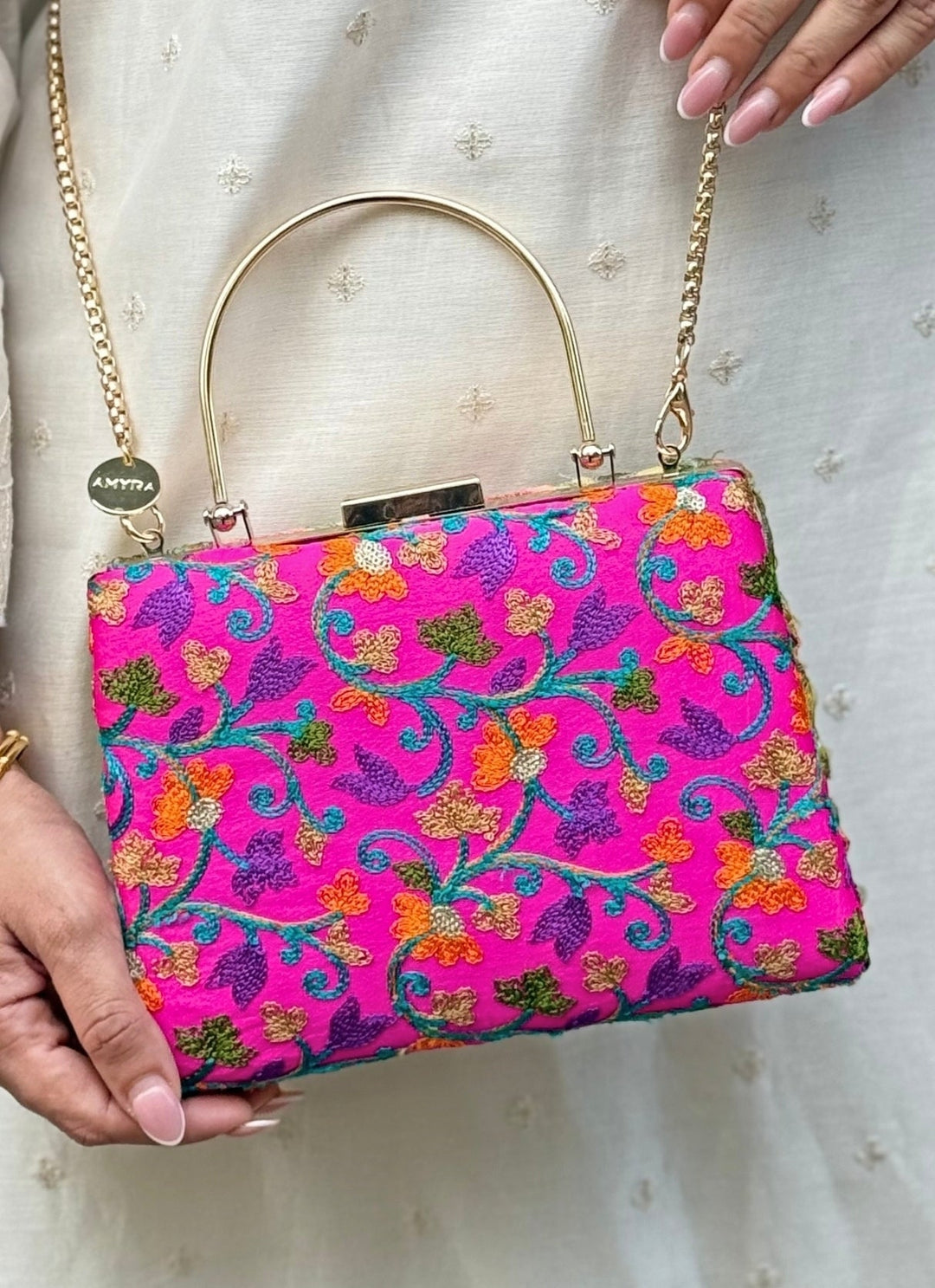 Pink And Multicolour Embroidered Silk Clutch Amyra - Fabilicious Fashion