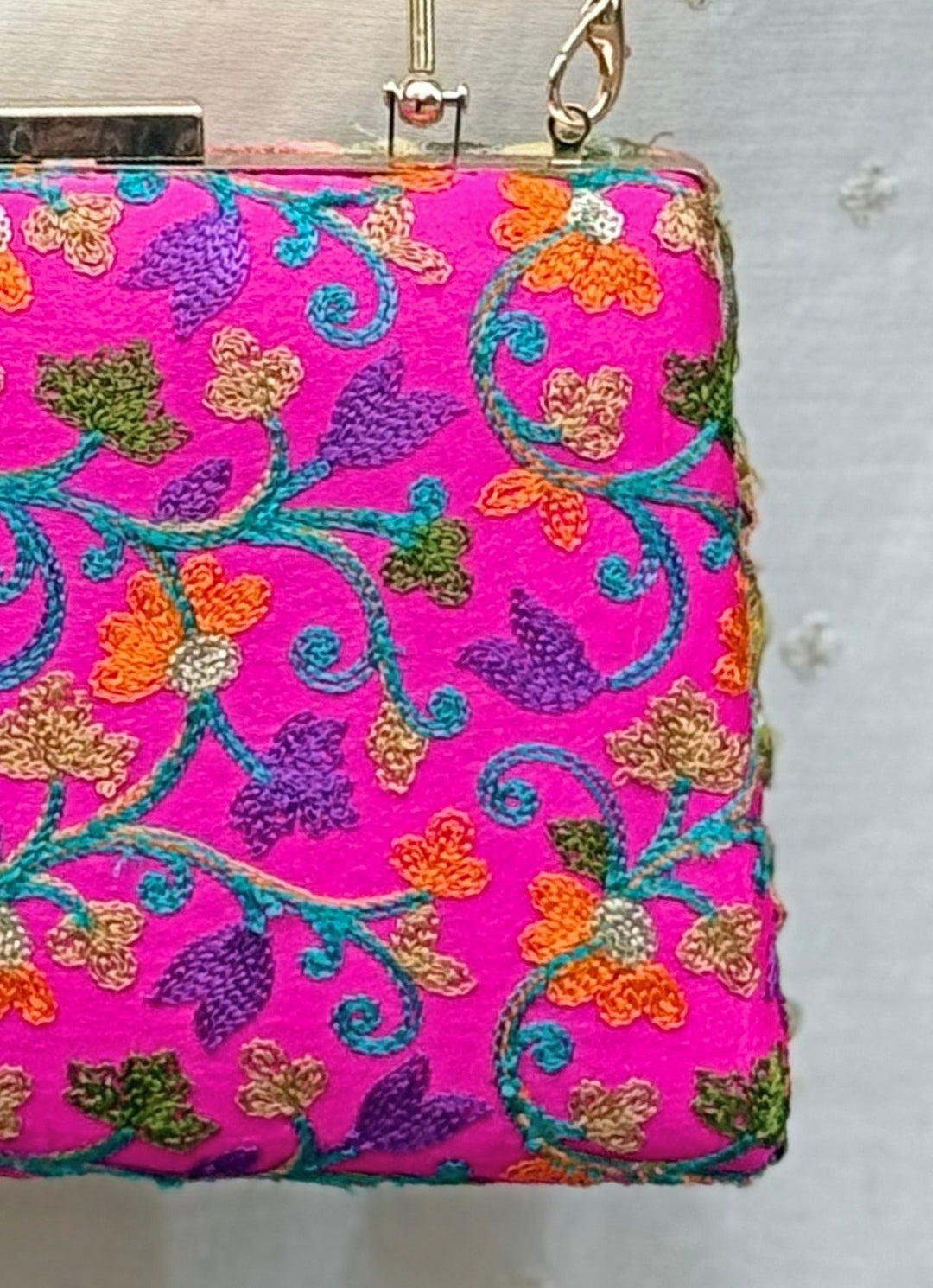 Pink And Multicolour Embroidered Silk Clutch Amyra - Fabilicious Fashion