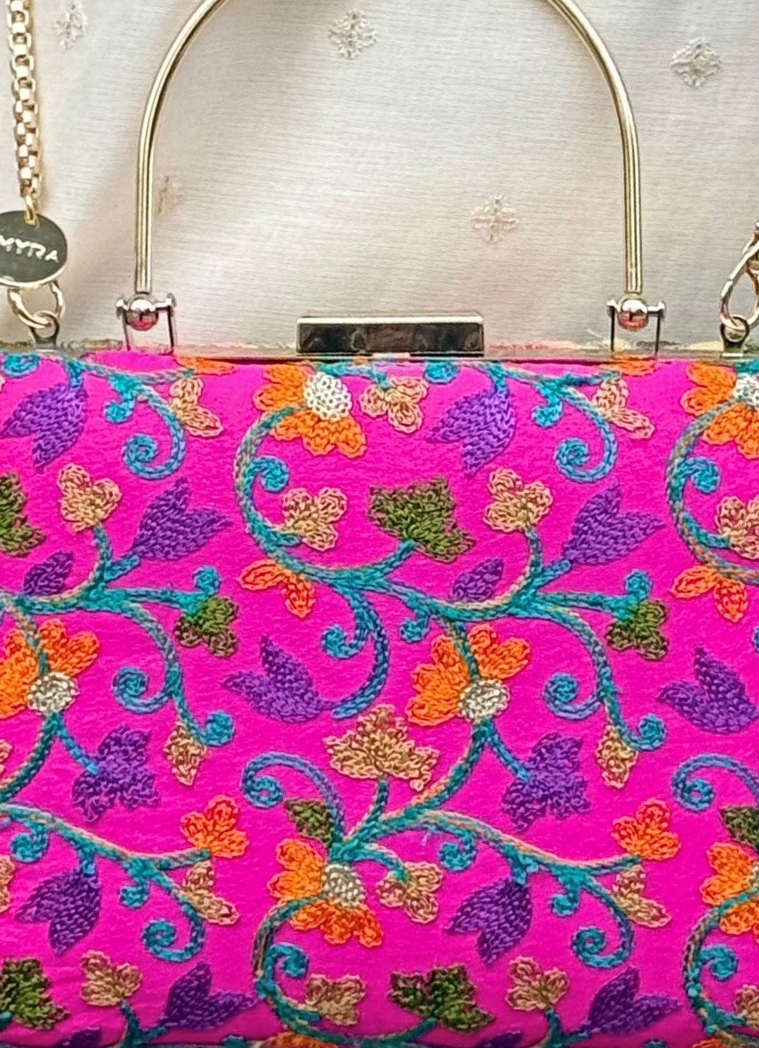 Pink And Multicolour Embroidered Silk Clutch Amyra - Fabilicious Fashion