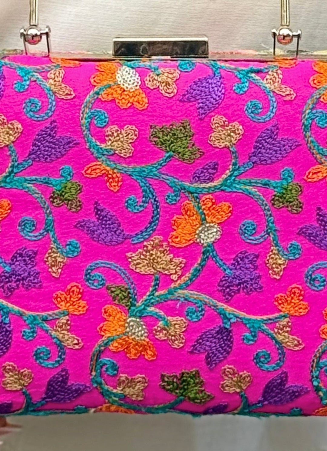 Pink And Multicolour Embroidered Silk Clutch Amyra - Fabilicious Fashion