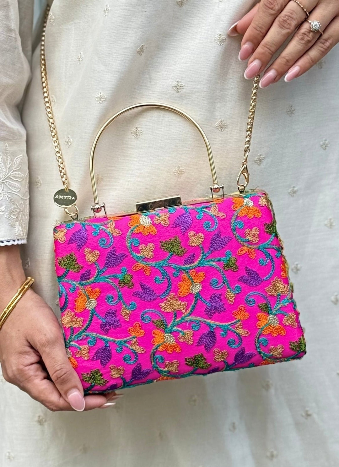 Pink And Multicolour Embroidered Silk Clutch Amyra - Fabilicious Fashion