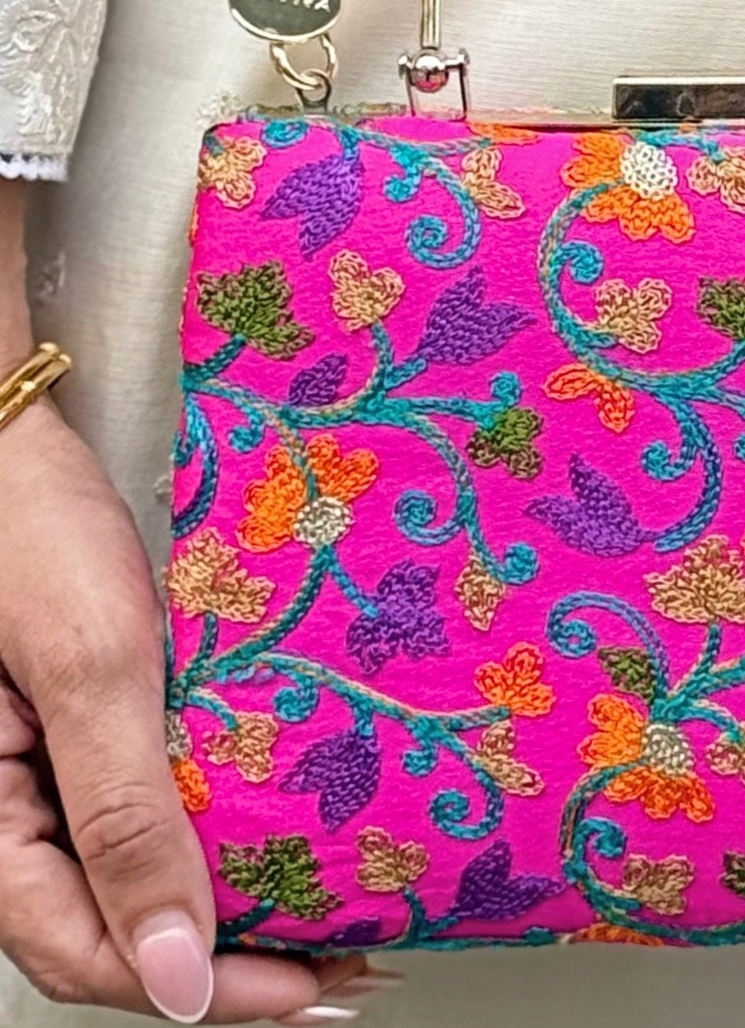 Pink And Multicolour Embroidered Silk Clutch Amyra - Fabilicious Fashion