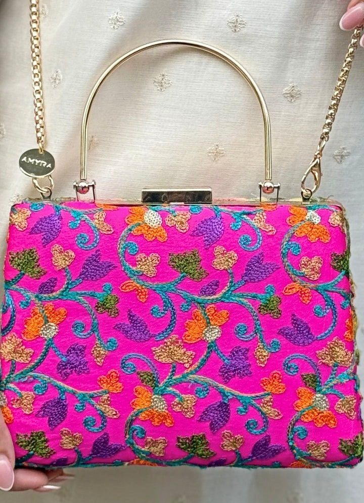 Pink And Multicolour Embroidered Silk Clutch Amyra - Fabilicious Fashion