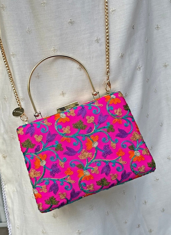 Pink And Multicolour Embroidered Silk Clutch Amyra - Fabilicious Fashion