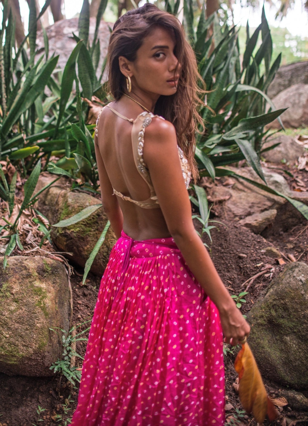 The Little Black Bow Pink And Nude Gold Bandhani Silk Lehenga SetFabilicious Fashion