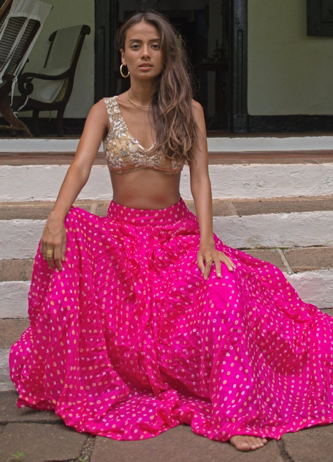 The Little Black Bow Pink And Nude Gold Bandhani Silk Lehenga SetFabilicious Fashion