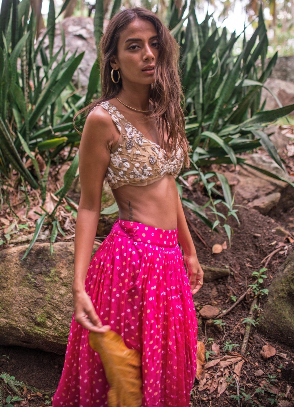 The Little Black Bow Pink And Nude Gold Bandhani Silk Lehenga SetFabilicious Fashion