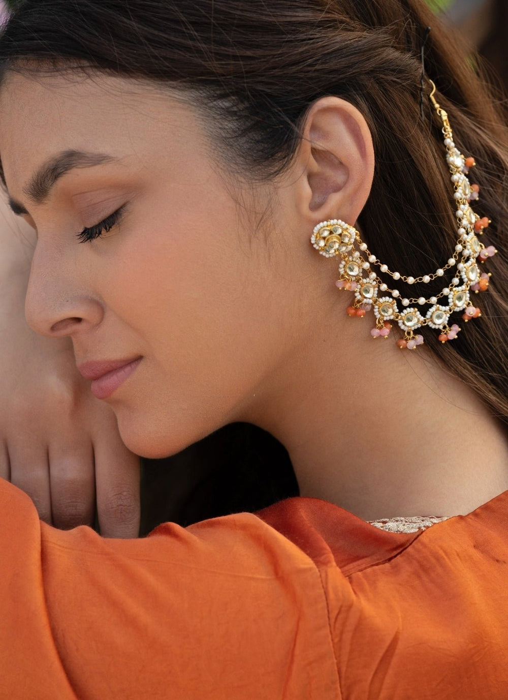 Do Taara Pink and Peach Kundan & Pearls Kaan ChainFabilicious Fashion