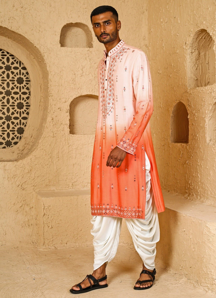 Pink and Peach Mirror Embroidered Cotton Silk Ombre Kurta Set Chatenya Mittal - Fabilicious Fashion