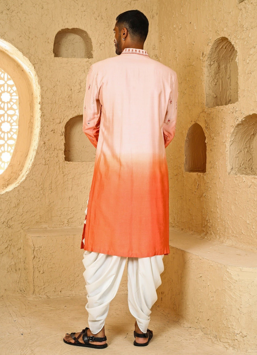 Pink and Peach Mirror Embroidered Cotton Silk Ombre Kurta Set Chatenya Mittal - Fabilicious Fashion