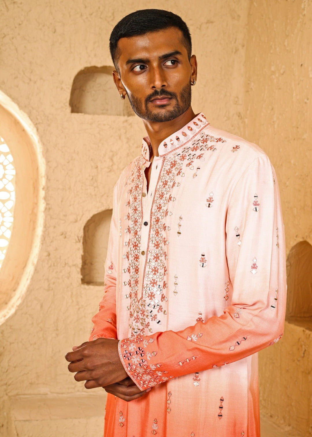 Pink and Peach Mirror Embroidered Cotton Silk Ombre Kurta Set Chatenya Mittal - Fabilicious Fashion