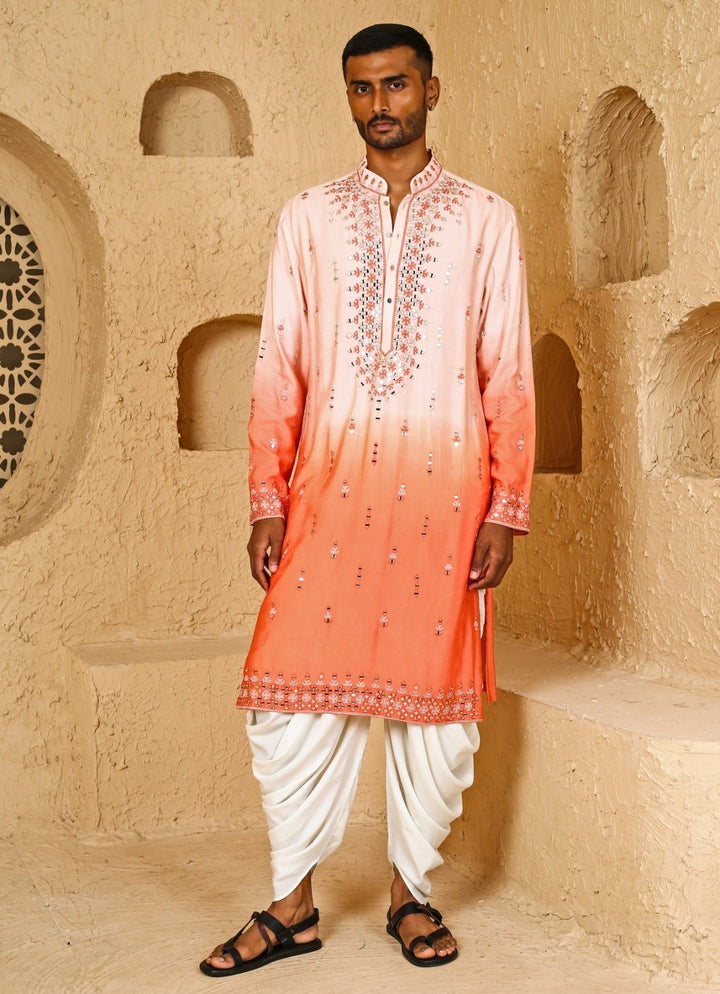 Pink and Peach Mirror Embroidered Cotton Silk Ombre Kurta Set Chatenya Mittal - Fabilicious Fashion