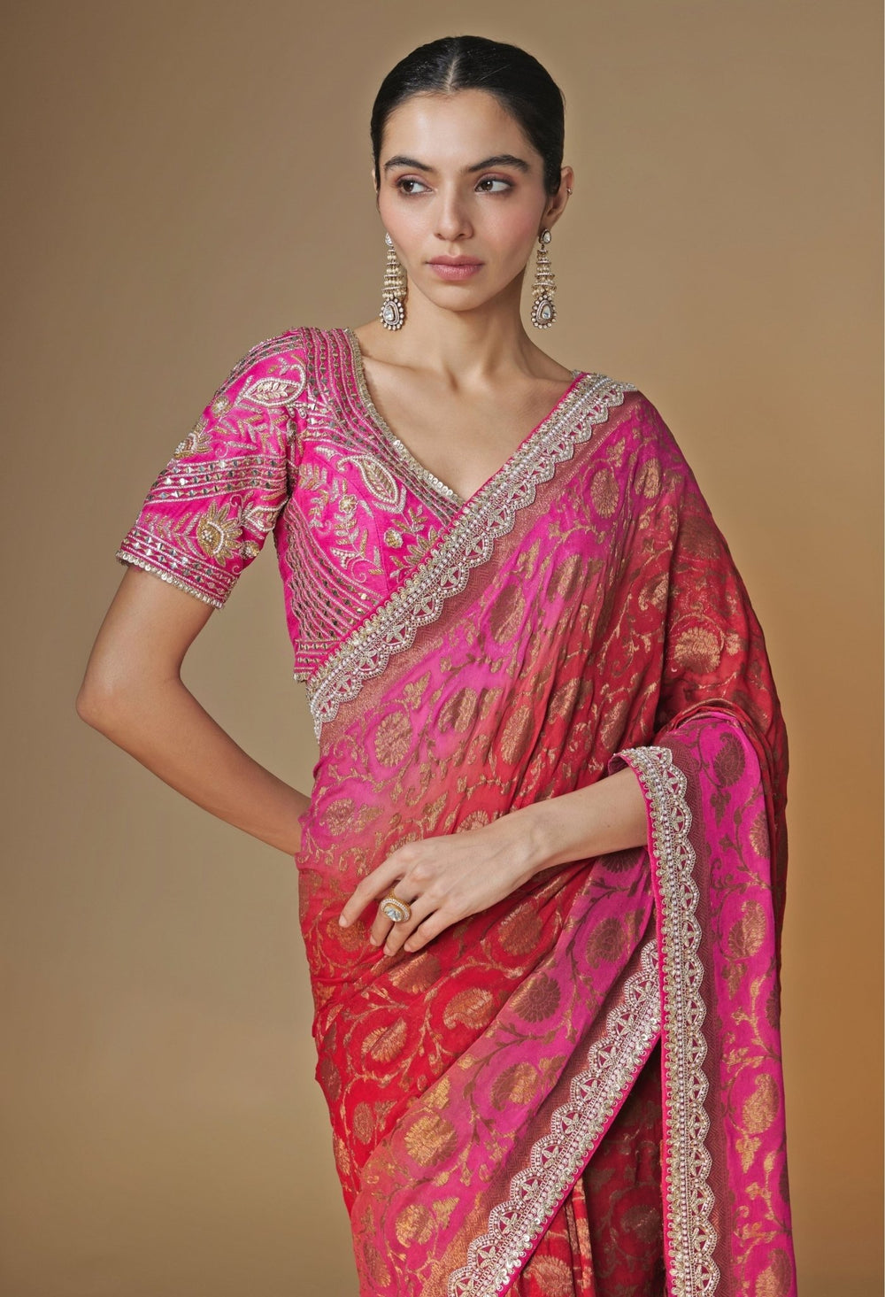 Renee Label Pink And Red Banarasi Georgette SareeFabilicious Fashion