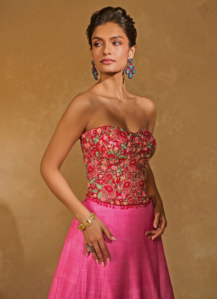 Pink And Red Raw Silk Ombre Lehenga With Corset Chamee &amp; Palak - Fabilicious Fashion