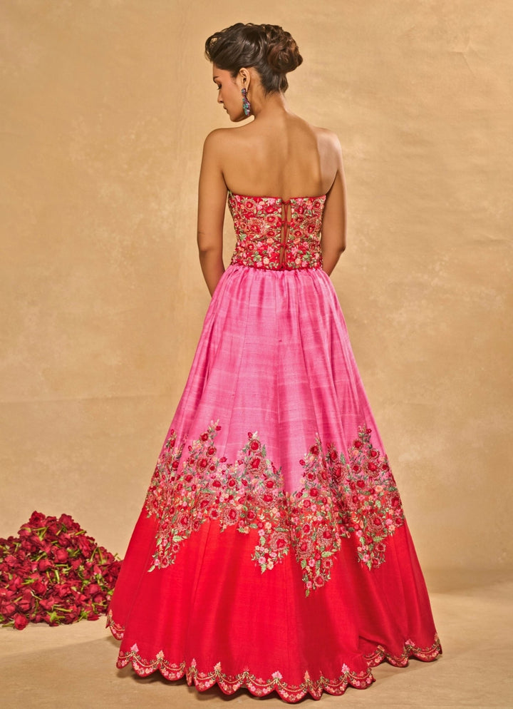 Pink And Red Raw Silk Ombre Lehenga With Corset Chamee &amp; Palak - Fabilicious Fashion