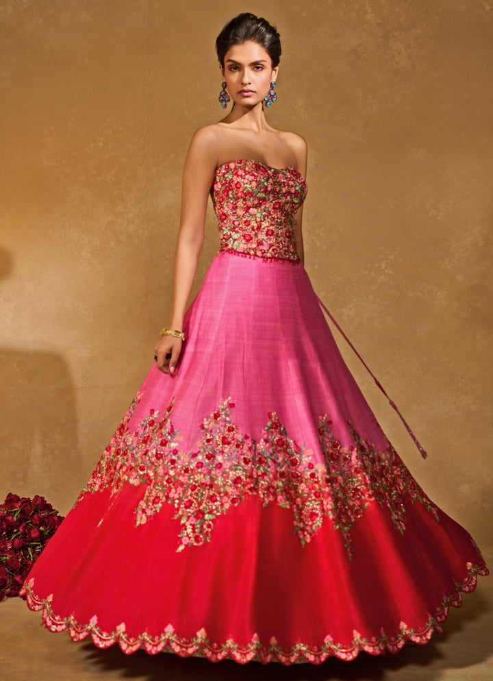Pink And Red Raw Silk Ombre Lehenga With Corset Chamee &amp; Palak - Fabilicious Fashion