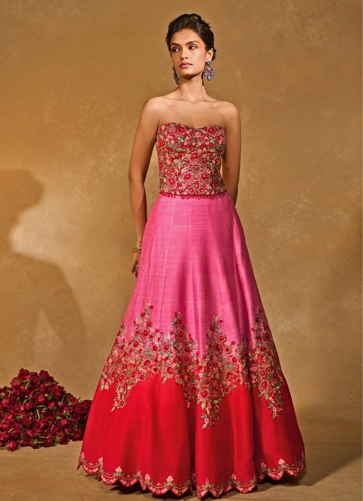 Pink And Red Raw Silk Ombre Lehenga With Corset Chamee &amp; Palak - Fabilicious Fashion