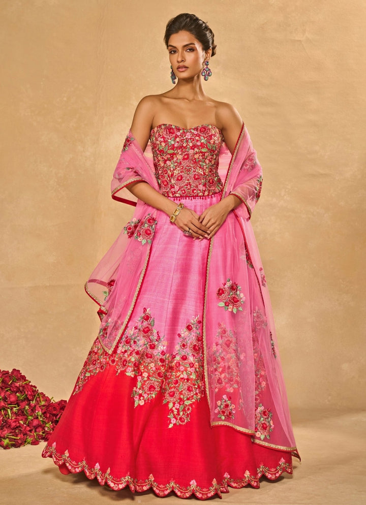 Pink And Red Raw Silk Ombre Lehenga With Corset Chamee &amp; Palak - Fabilicious Fashion