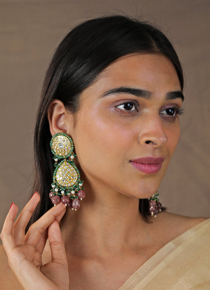 Pink and Sea Green Jadau Stone Earrings Riana by Shikha Jindal - Fabilicious Fashion