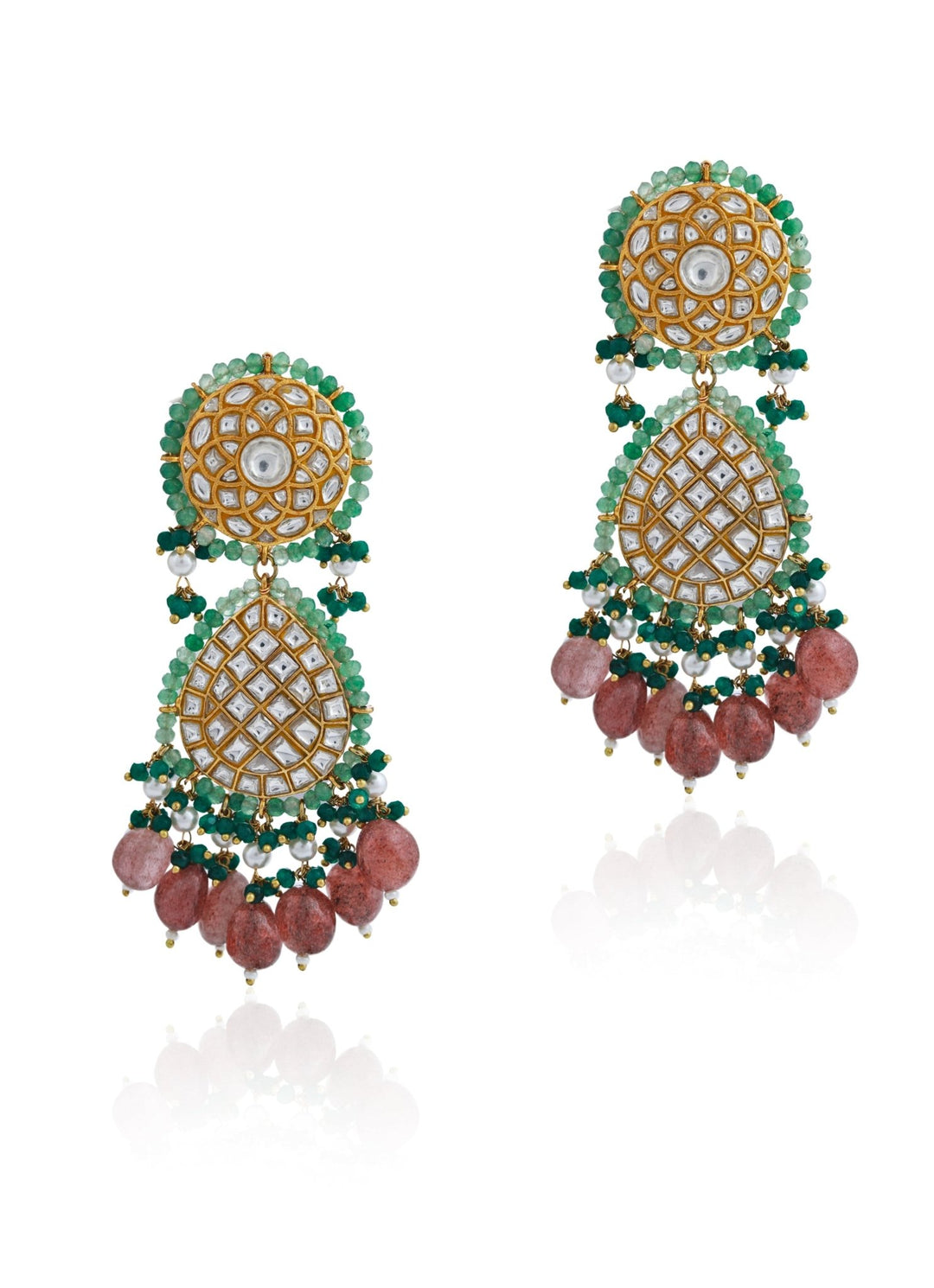 Pink and Sea Green Jadau Stone Earrings Riana by Shikha Jindal - Fabilicious Fashion