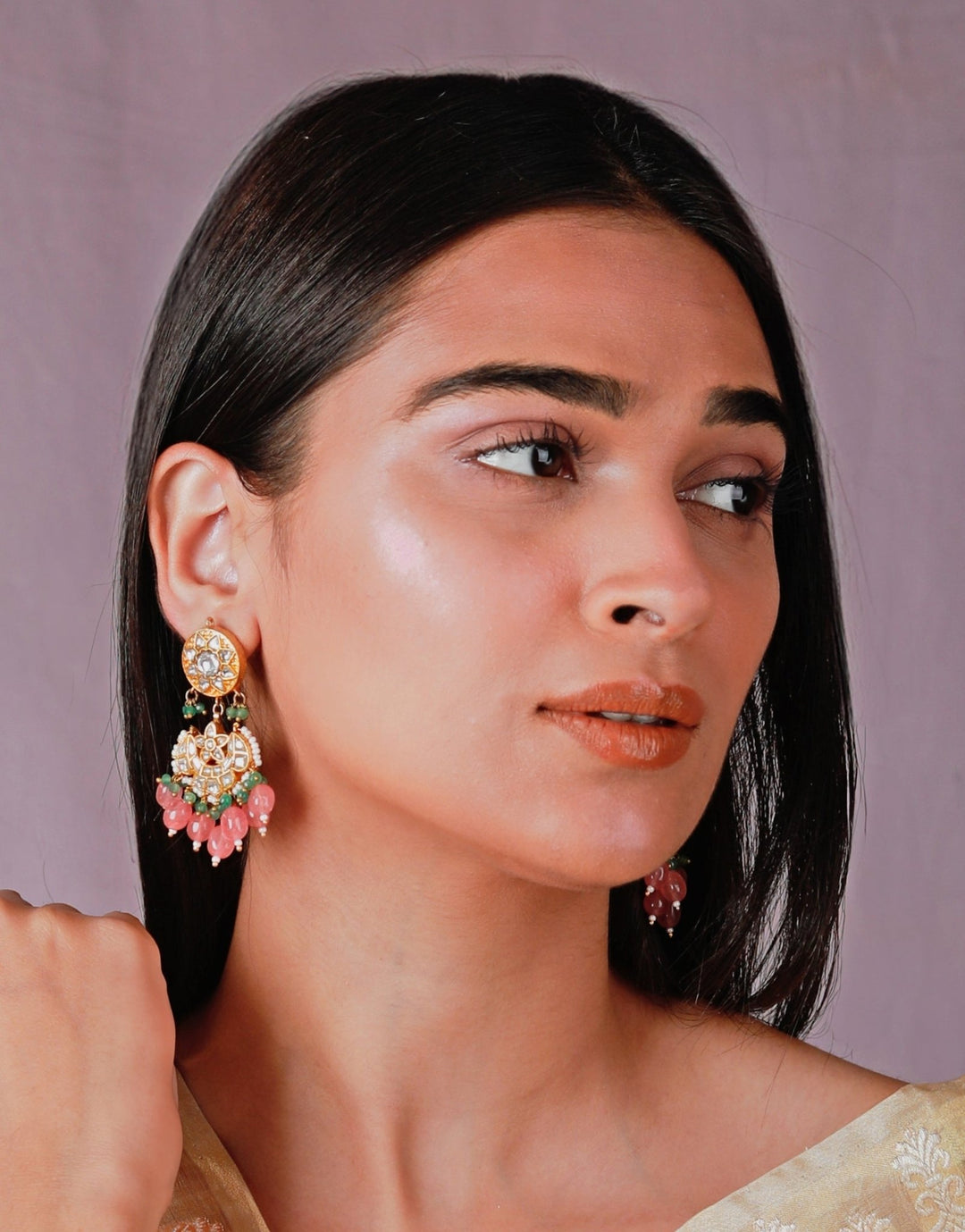 Pink And White Beaded Chandbali Earrings Riana by Shikha Jindal - Fabilicious Fashion