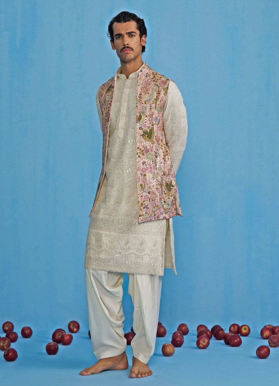 Pink and White Embroidered Georgette Kurta Jacket Set Kalpraag - Fabilicious Fashion