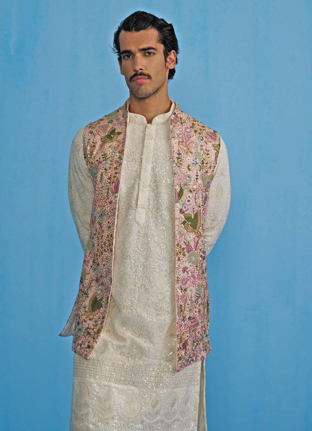 Pink and White Embroidered Georgette Kurta Jacket Set Kalpraag - Fabilicious Fashion