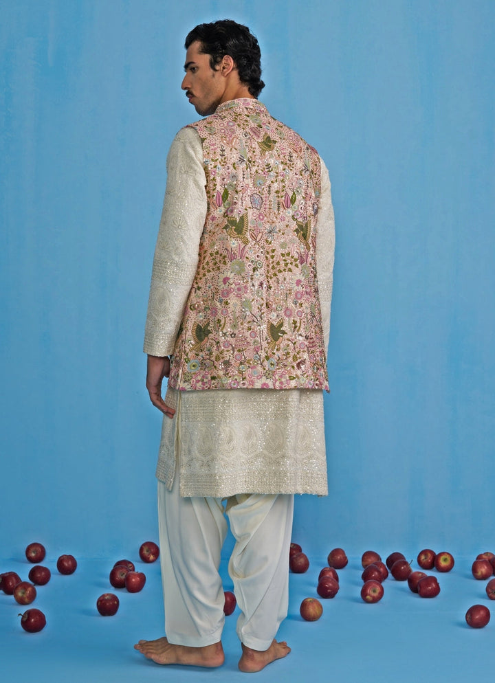 Pink and White Embroidered Georgette Kurta Jacket Set Kalpraag - Fabilicious Fashion