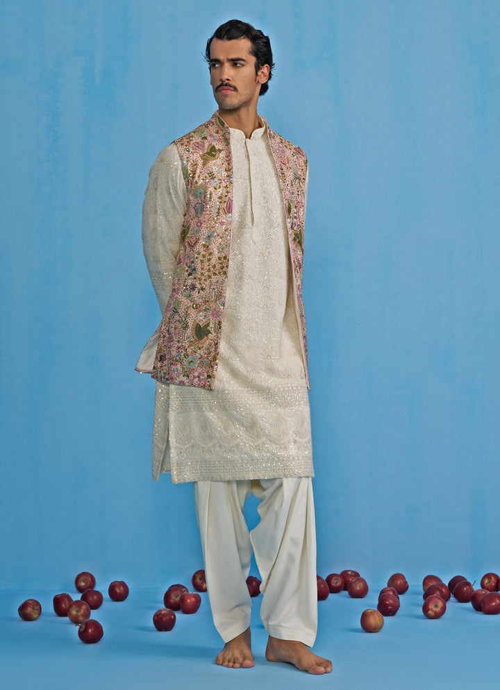 Pink and White Embroidered Georgette Kurta Jacket Set Kalpraag - Fabilicious Fashion