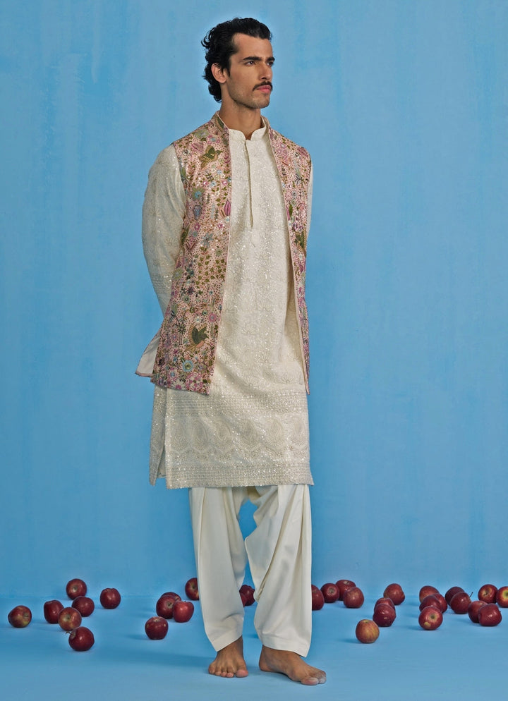 Pink and White Embroidered Georgette Kurta Jacket Set Kalpraag - Fabilicious Fashion