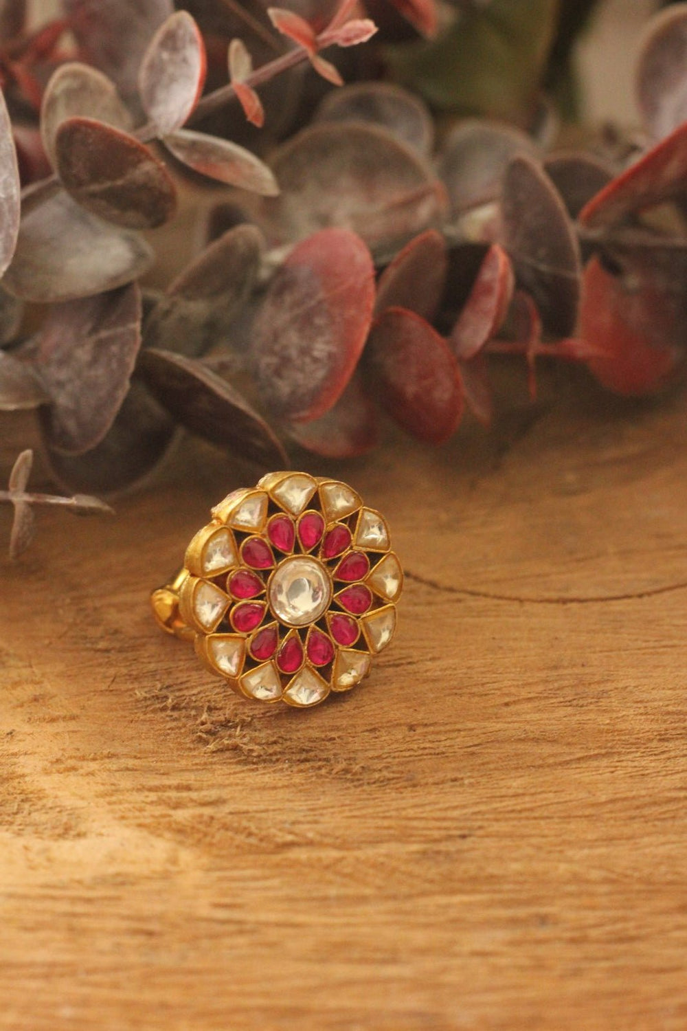 Pink and White Jadau Stone Floral Ring Riana by Shikha Jindal - Fabilicious Fashion