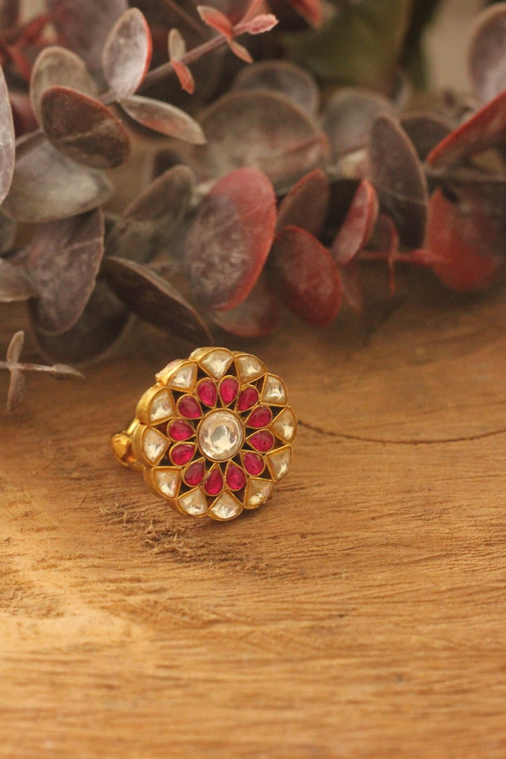 Pink and White Jadau Stone Floral Ring Riana by Shikha Jindal - Fabilicious Fashion