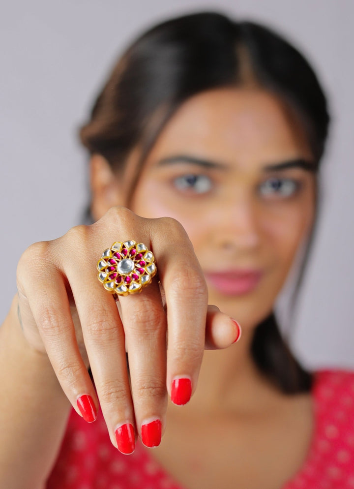 Pink and White Jadau Stone Floral Ring Riana by Shikha Jindal - Fabilicious Fashion