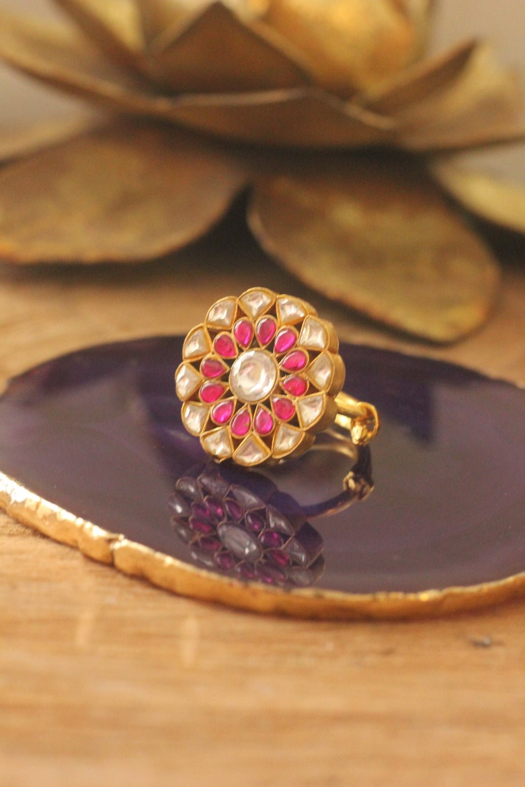 Pink and White Jadau Stone Floral Ring Riana by Shikha Jindal - Fabilicious Fashion