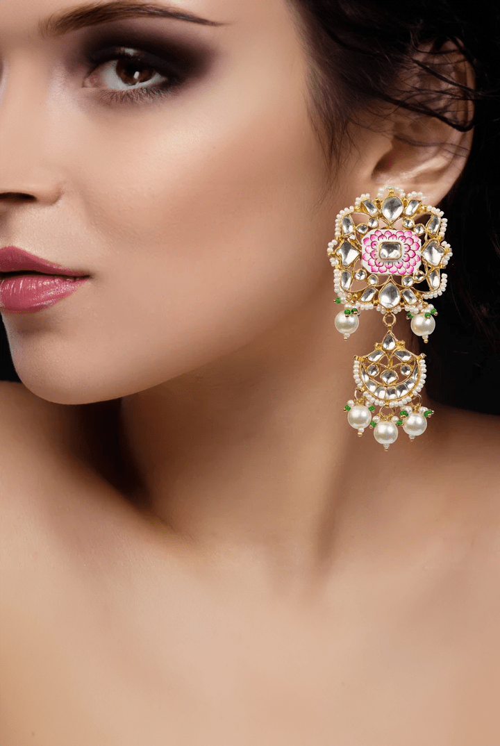 Pink And White Meena Work Earrings Riana by Shikha Jindal - Fabilicious Fashion