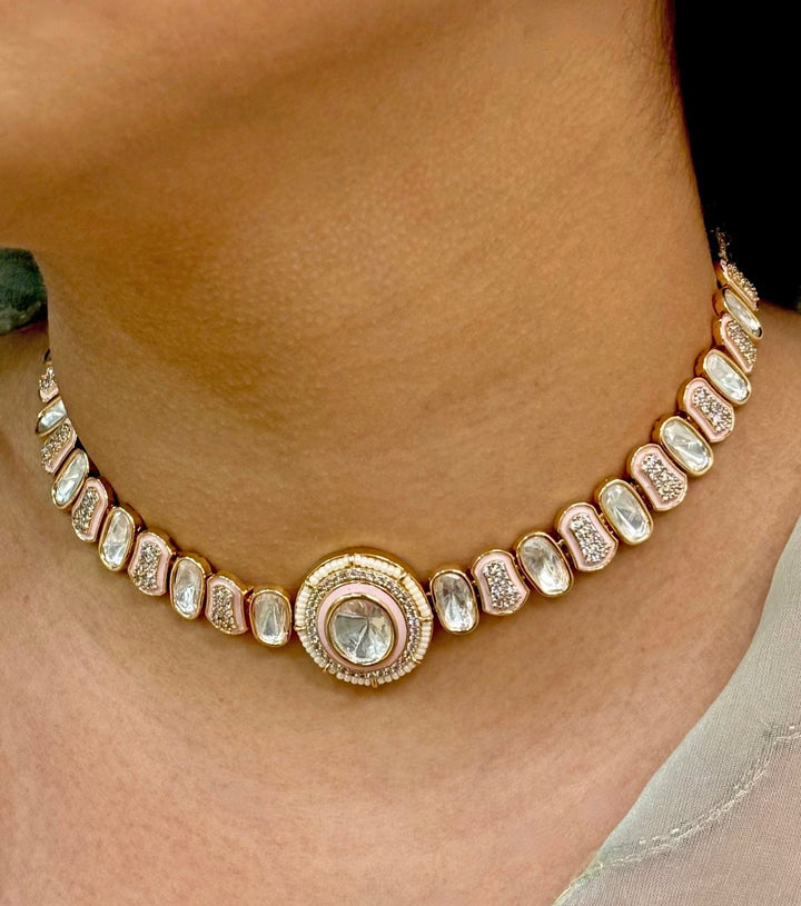 Naymee Pink And White Polki Choker SetFabilicious Fashion