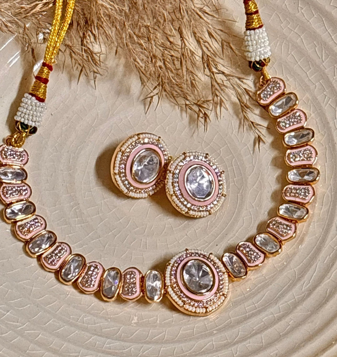 Naymee Pink And White Polki Choker SetFabilicious Fashion