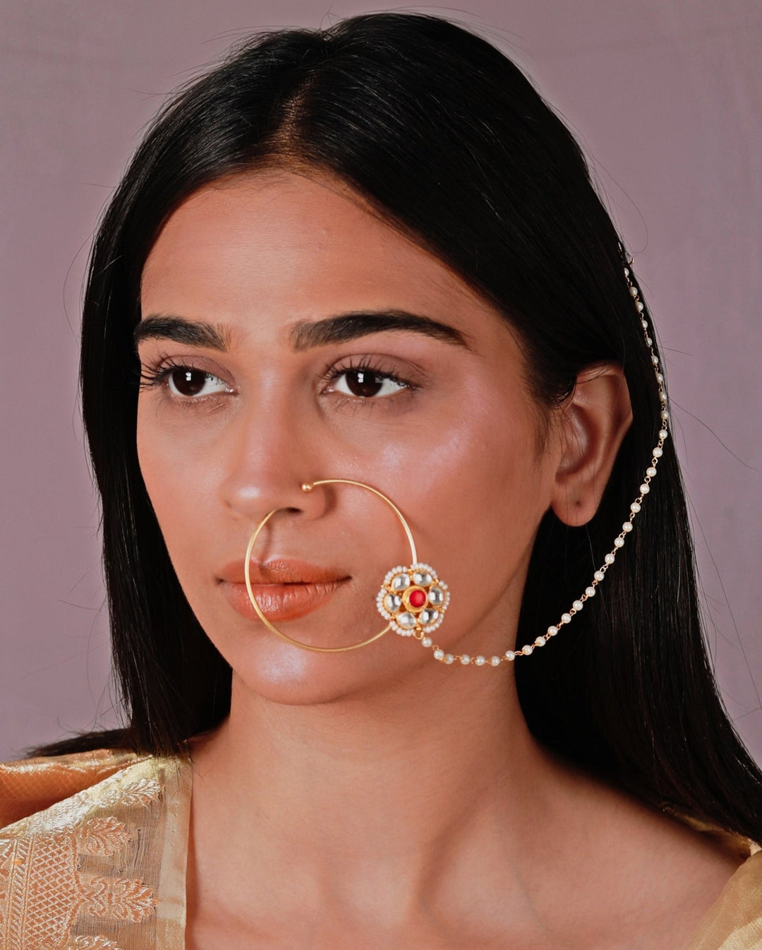 Pink And White Stone Floral Nath Riana by Shikha Jindal - Fabilicious Fashion