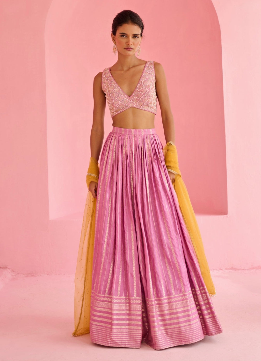 Pink And Yellow Jamewar Lehenga Set Chamee and Palak - Fabilicious Fashion