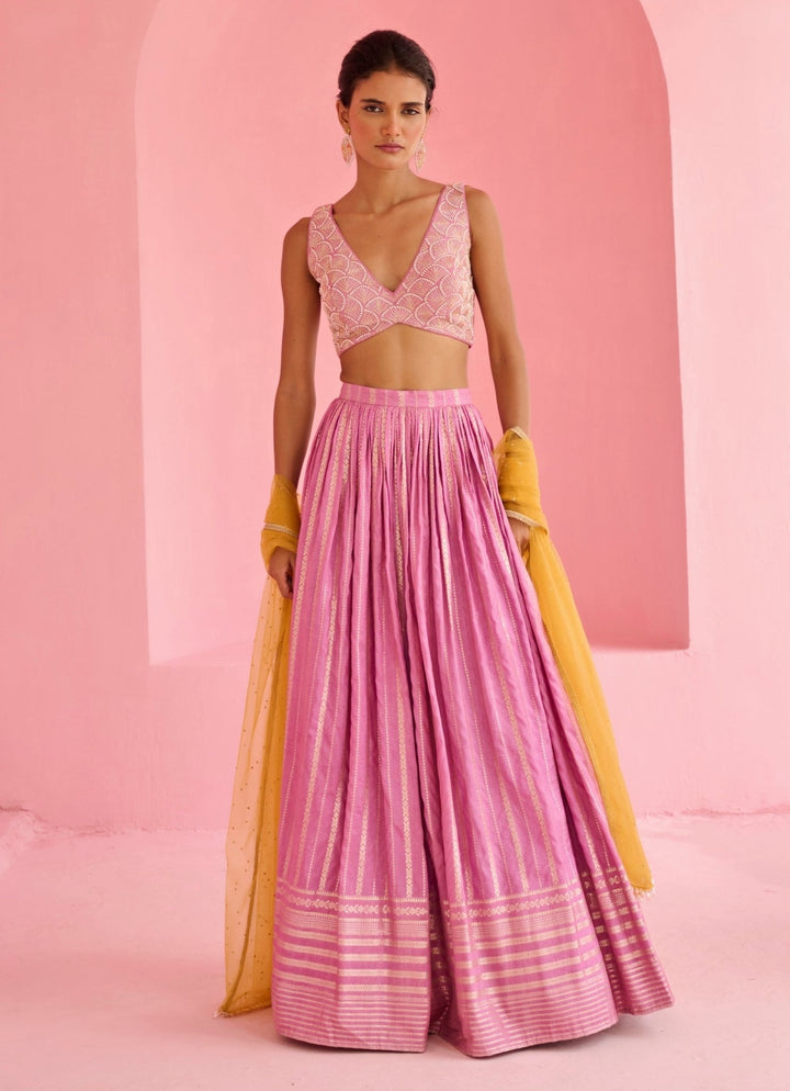 Pink And Yellow Jamewar Lehenga Set Chamee and Palak - Fabilicious Fashion