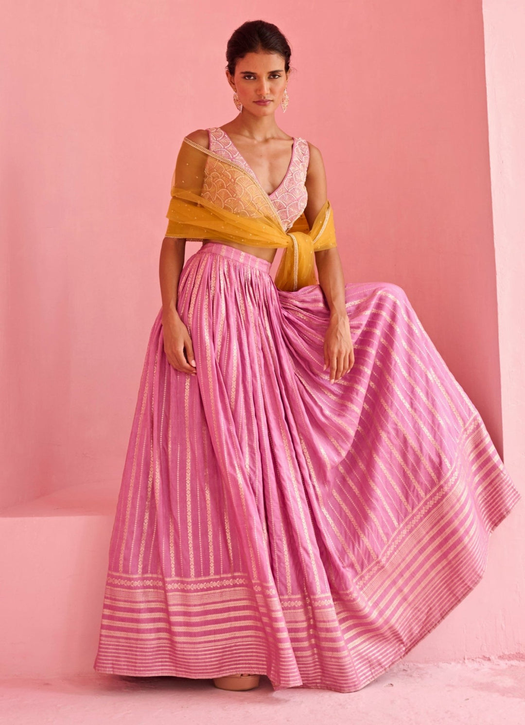 Pink And Yellow Jamewar Lehenga Set Chamee and Palak - Fabilicious Fashion