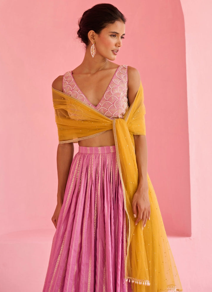 Pink And Yellow Jamewar Lehenga Set Chamee and Palak - Fabilicious Fashion