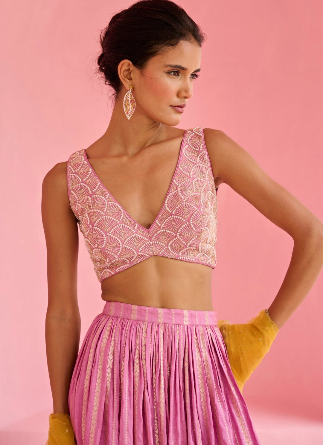 Pink And Yellow Jamewar Lehenga Set Chamee and Palak - Fabilicious Fashion