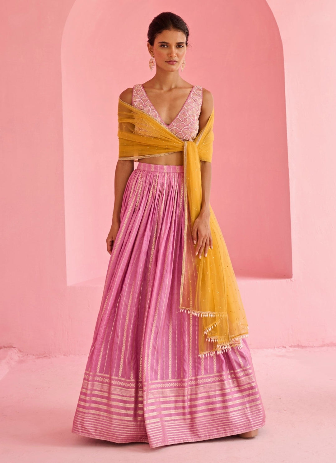 Pink And Yellow Jamewar Lehenga Set Chamee and Palak - Fabilicious Fashion