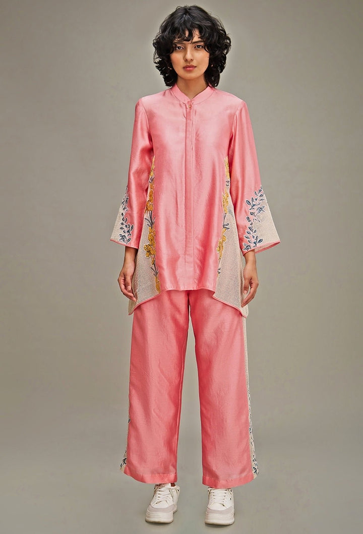 Pink Applique And Floral Embroidery Shirt And Pant Set Soup By Sougat Paul - Fabilicious Fashion