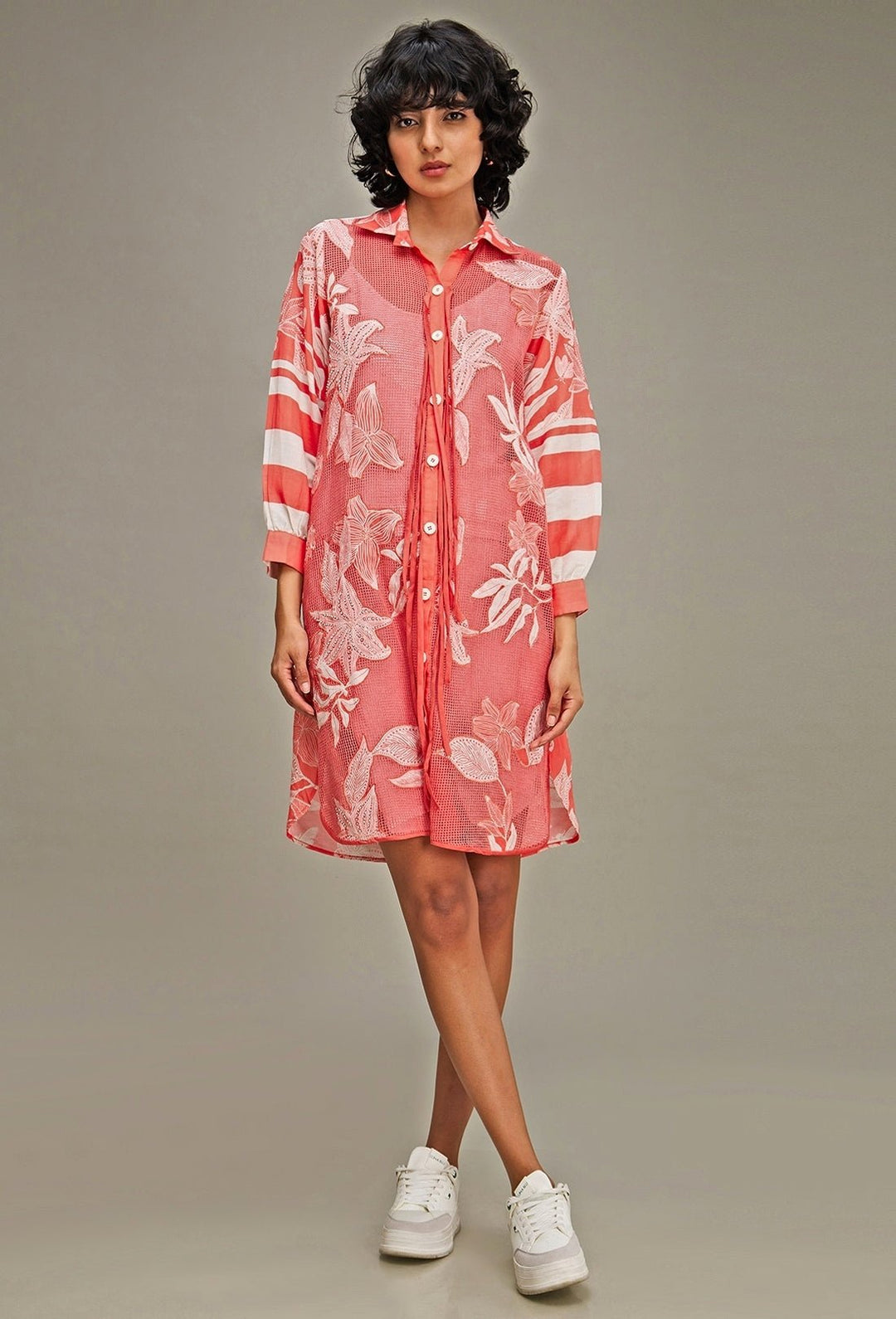 Pink Applique And Floral Embroidery Shirt Dress Soup By Sougat Paul - Fabilicious Fashion